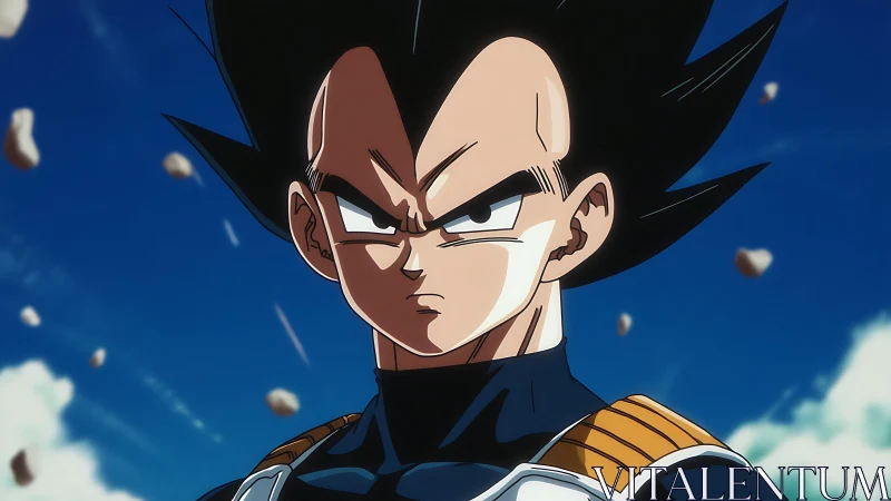 Armored anime warrior under dynamic sky with floating debris