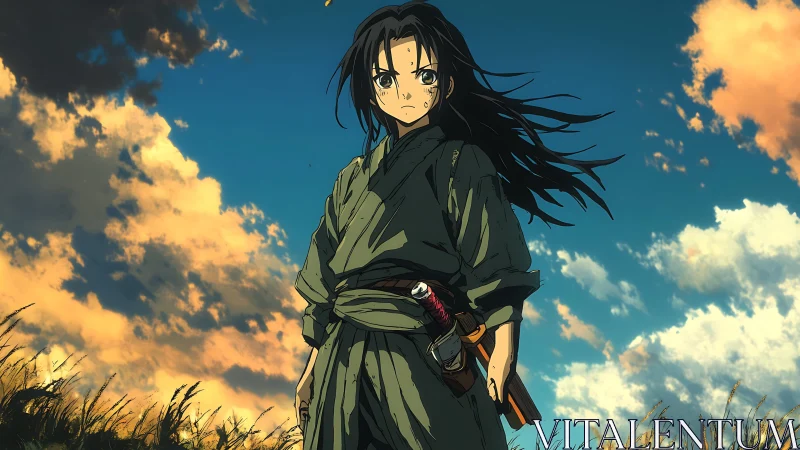 Stoic anime swordsman standing under dramatic sky.