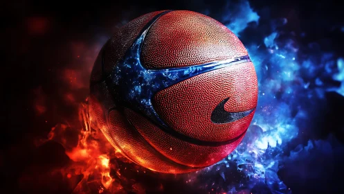 Basketball floats amid red and blue energy with vivid texture details.