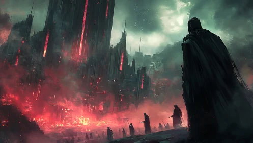 Dystopian cloaked figures before burning megastructure skyline.