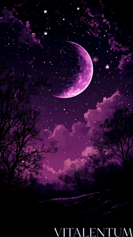 Vibrant crescent moon over purple starlit forest sky.