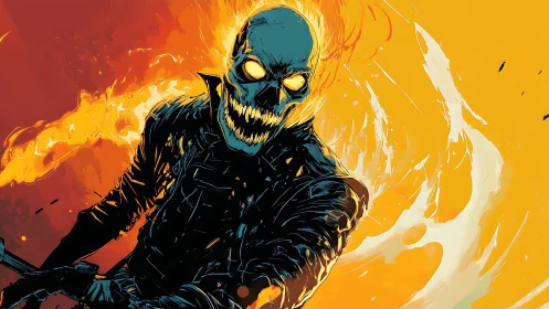 Flaming skull rider in black jacket on vivid orange field.