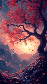 Crimson mountain tree leans gently toward a glowing sky