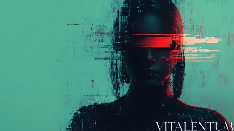 Glitched cyber silhouette with neon red data visor