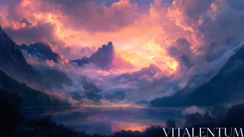 Mountain lake landscape depicts layered clouds and sunset light