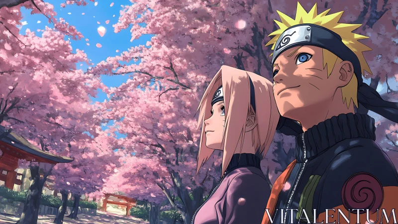 Springtime ninja walk under soft pink cherry blossoms