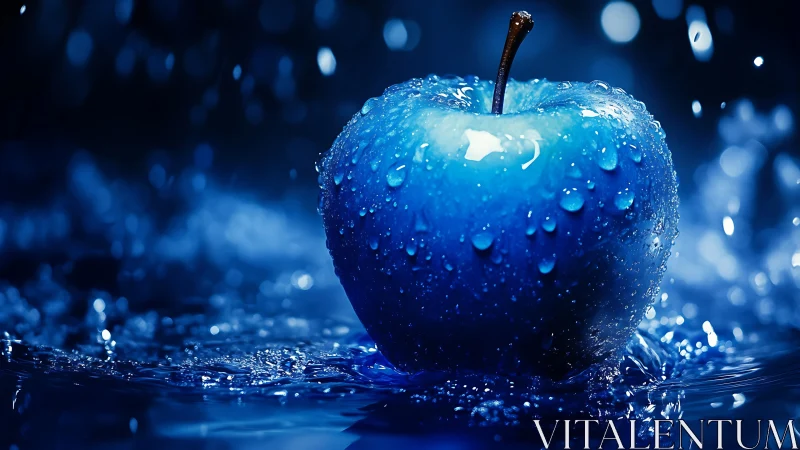 Cobalt blue apple in water splash under dramatic lighting.