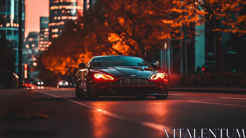 Sport coupe cruises city street under warm dusk glow.