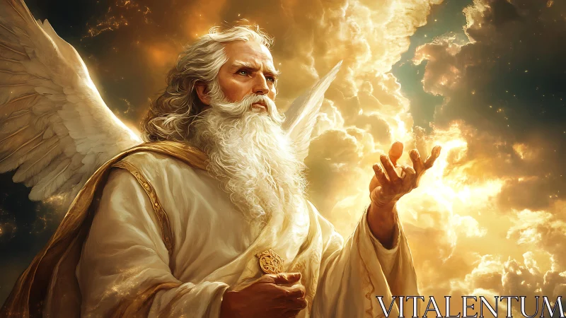 Luminous winged patriarch amid volumetric golden nebulae.