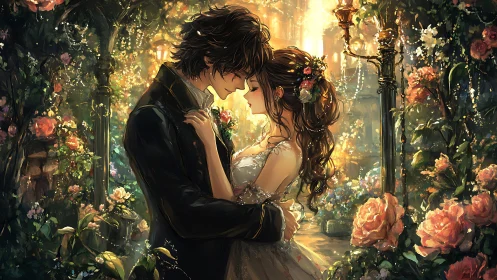 Couple Embracing in Luminous Floral Garden