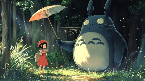 Forest spirit shelters girl under umbrella in glowing woodland