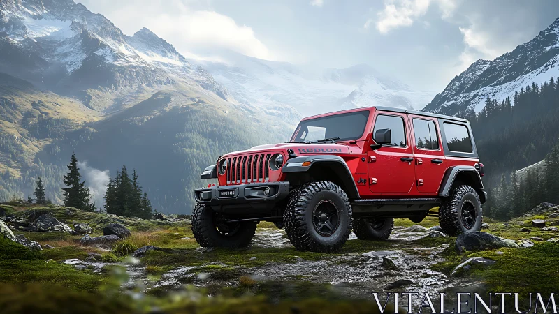 Red off-road SUV dominates rugged alpine mountain trail.