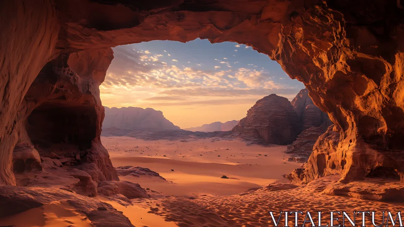 Rock cave frames sunlit desert valley with distant mesas