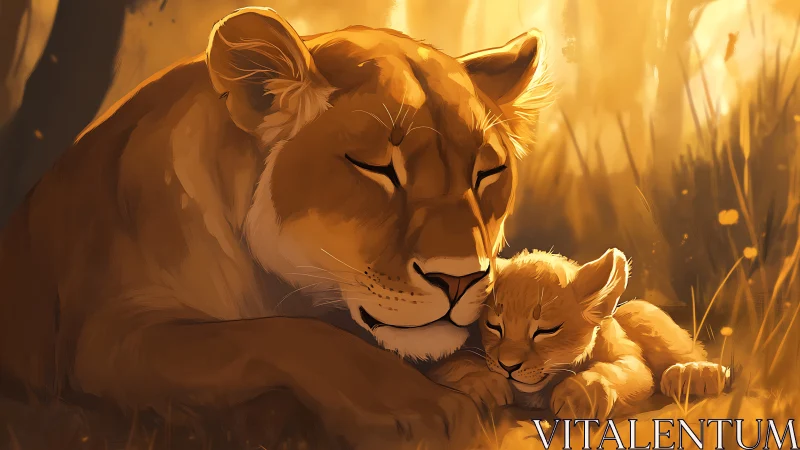 Lioness and Cub in Golden Savanna Light