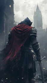 Lone armored hero beneath stormy gothic towers at dusk.