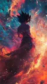 Silhouetted figure in cosmic energy field with vivid nebulae.