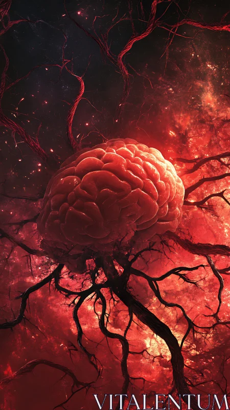Neural nebula brain suspended in crimson cosmic void.