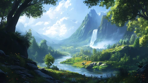 Lush mountain valley with river, waterfall, and distant peaks.