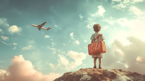 Child on rocky hill watching distant airplane depart.