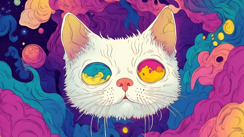 White cat head amid multicolored swirling abstract forms.