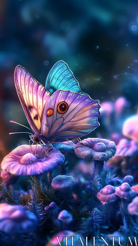 Moonlit butterfly oracle perched on ultraviolet mushrooms.