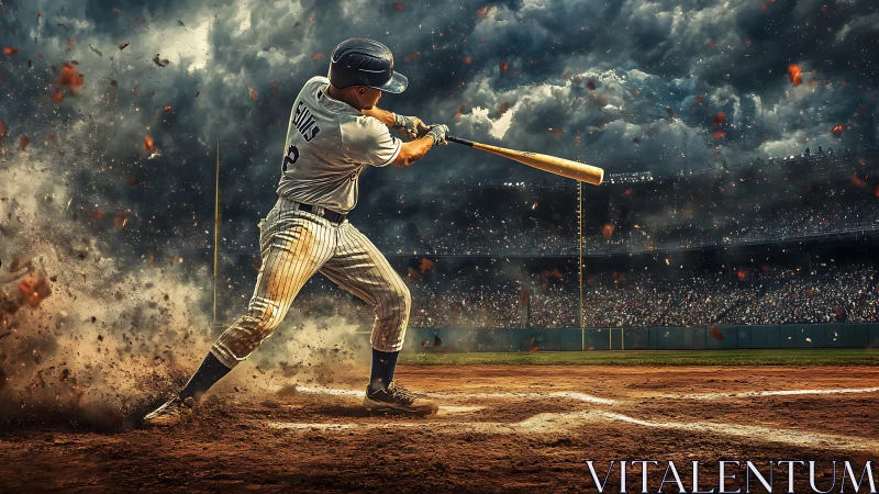 Baseball batter swings hard on dramatic dirt explosion field.