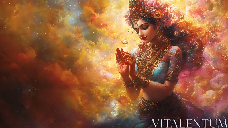 Celestial dancer draped in jeweled light and blooming clouds.