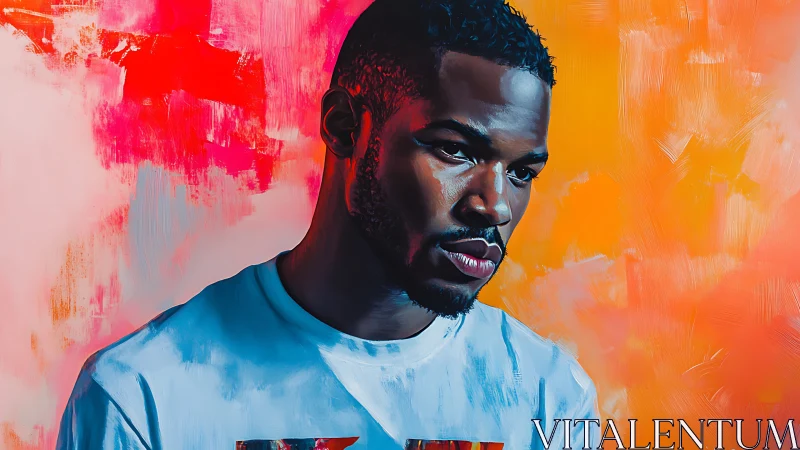 Digital painting portrait amid saturated abstract gradients.