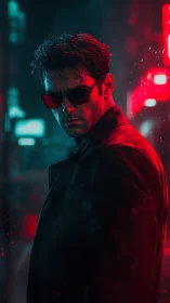 Moody neon antihero under red and teal city lights.