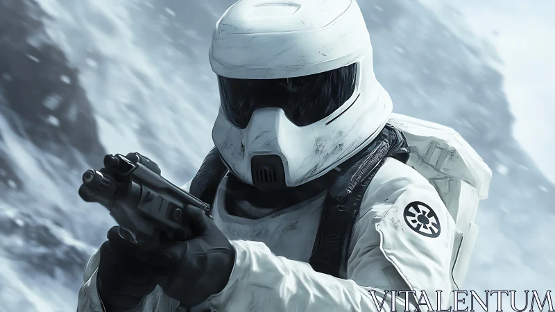 Armored sci fi soldier advances through a hostile ice storm