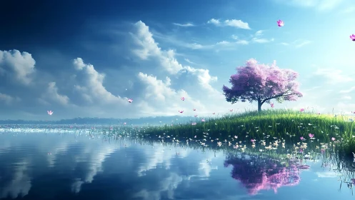 Dreamy pink blossom tree brightens a calm reflective lake
