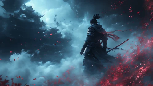Storm-lit samurai silhouette before spectral pagoda fortress
