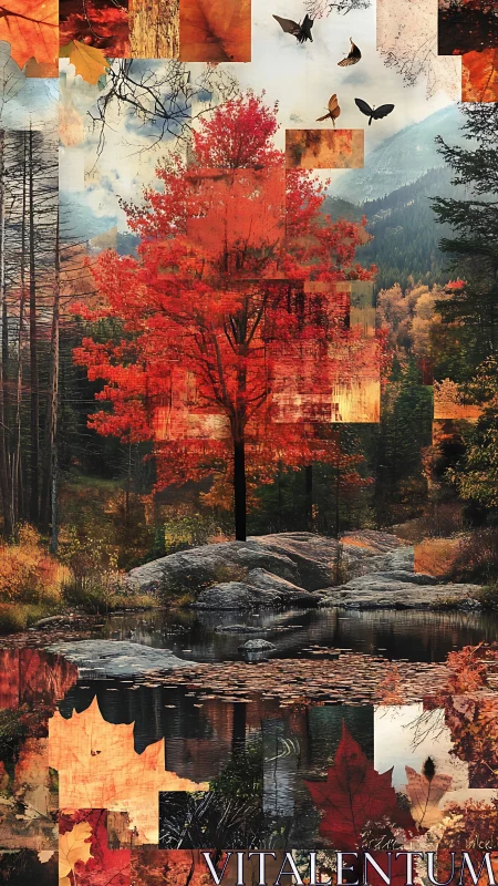 Fiery autumn tree glows above a quiet forest pond