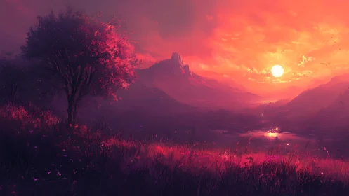 Crimson valley sunset beneath luminous mountain spires.