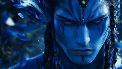 Intense blue warrior portrait with jeweled tribal adornment.