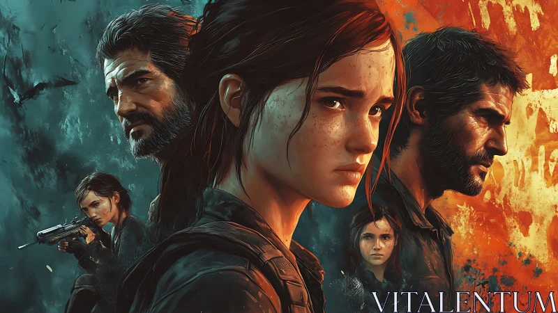 Haunted survivors stand divided by fire and shadowed ruin.