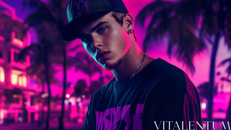 Young man in neon cityscape at night, stylized portrait.