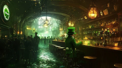 Lone leprechaun sits inside glowing emerald Irish pub
