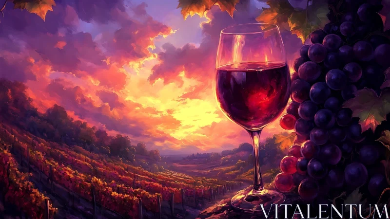 Sunset vineyard landscape with red wine glass and grapes.