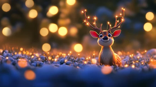 Digital painting of glowing reindeer in snowy bokeh landscape.