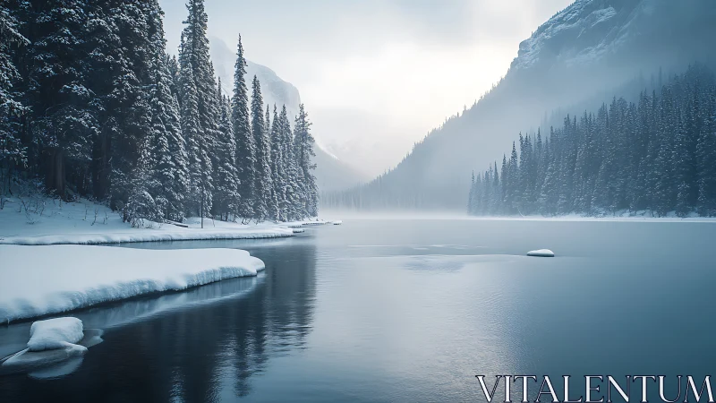 Snowbound conifer forest flanking misted alpine lake at dawn