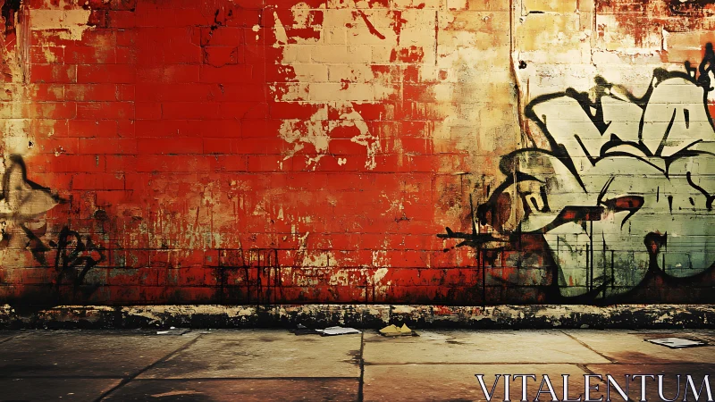 Urban graffiti ignites a weathered red wall with gritty energy