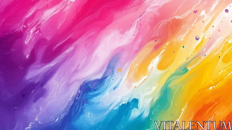 Vibrant rainbow paint currents swirl across fluid canvas.