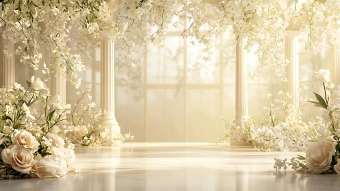 Sunlit floral columns frame an ethereal romantic ceremony space