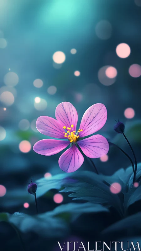 Single violet flower against cool blurred foliage background.