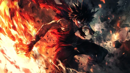 Inferno-charged anime warrior leaps through roaring chaos.