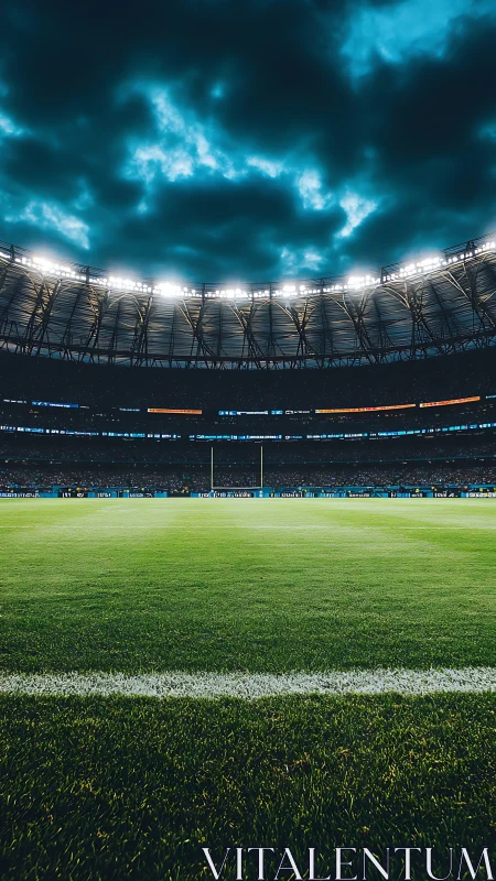 Empty illuminated stadium field waits beneath stormy skies