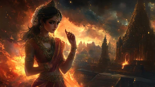 Mythic woman in jeweled sari before burning temple skyline at dusk