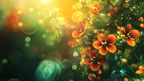 Rendered botanical composition with luminous particles and warm color gradation