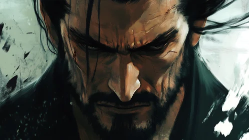 Brooding warrior lowers his gaze in a storm of quiet resolve